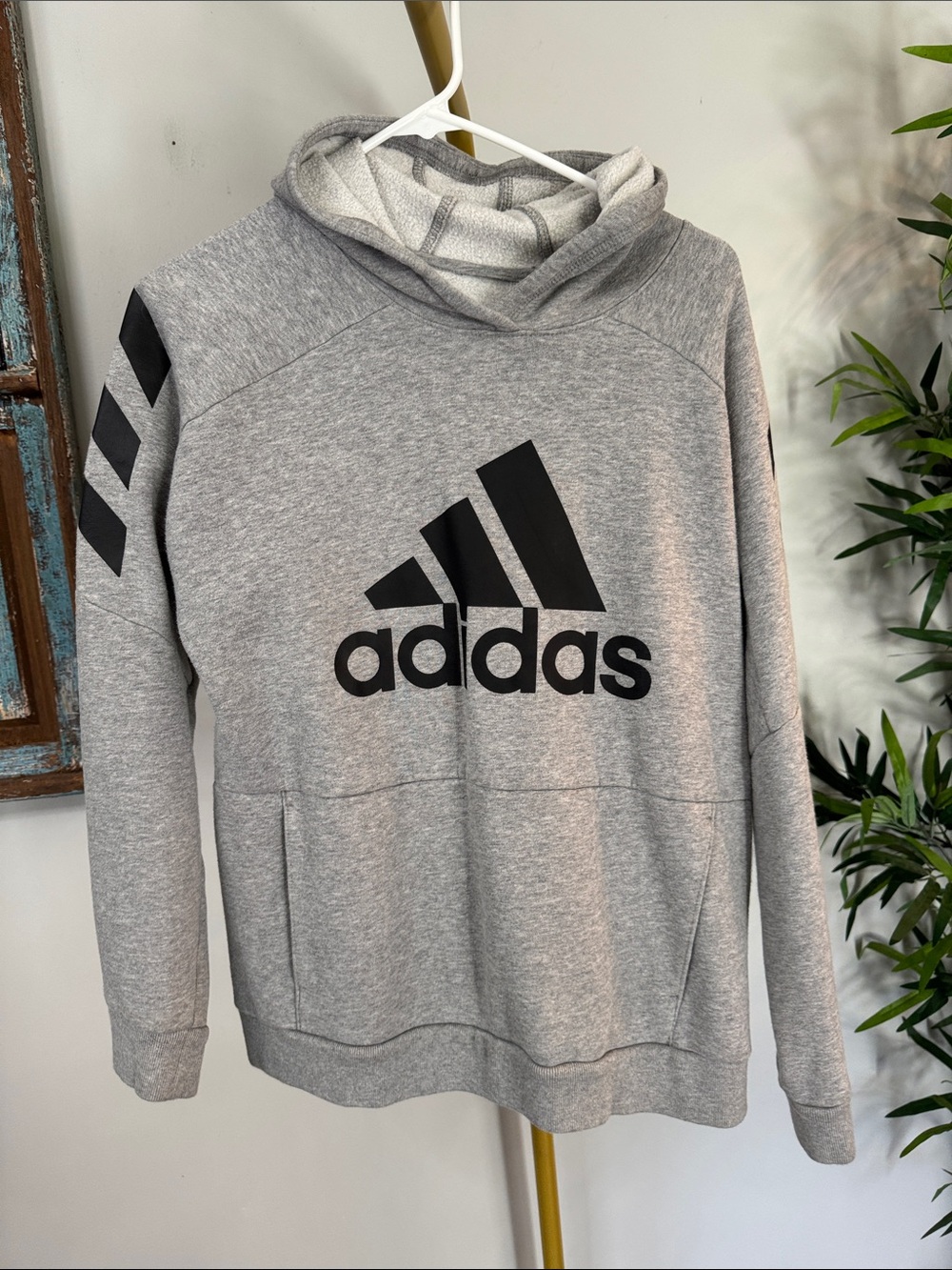 adidas Gray Pullover Hoodie with Black Logo and stripes on sleeves